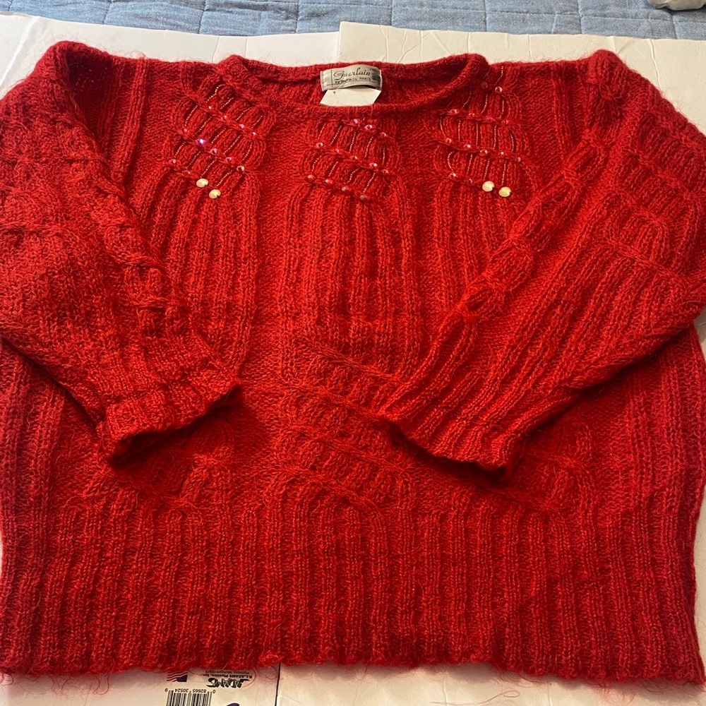 Guerlain Label Red Knit Vintage Sweater with Beaded and Sequin Detail